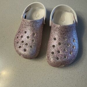 CROCS Pink and White Slippers with Glitter Finish
